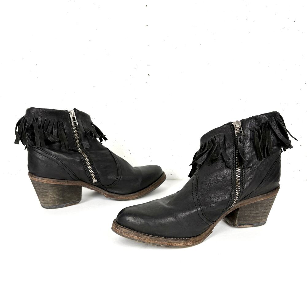 AllSaints Women Bonny Valley Black Leather Fringe Ankle Boots Cuban Heel Size 39 - Picture 4 of 8
